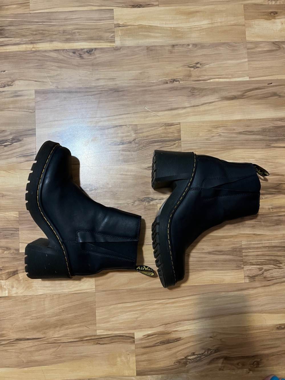 Dr. Martens Spence Black Chunky Heel Chelsea Boots with Yellow Stitching